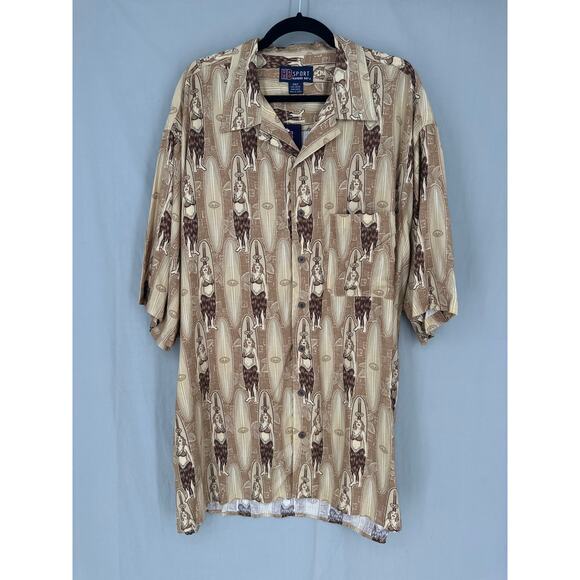 Vintage Other - 90s Vintage Hawaiian Shirt Mens 2XLT Beige Brown Hula Girl Button Camp Beach